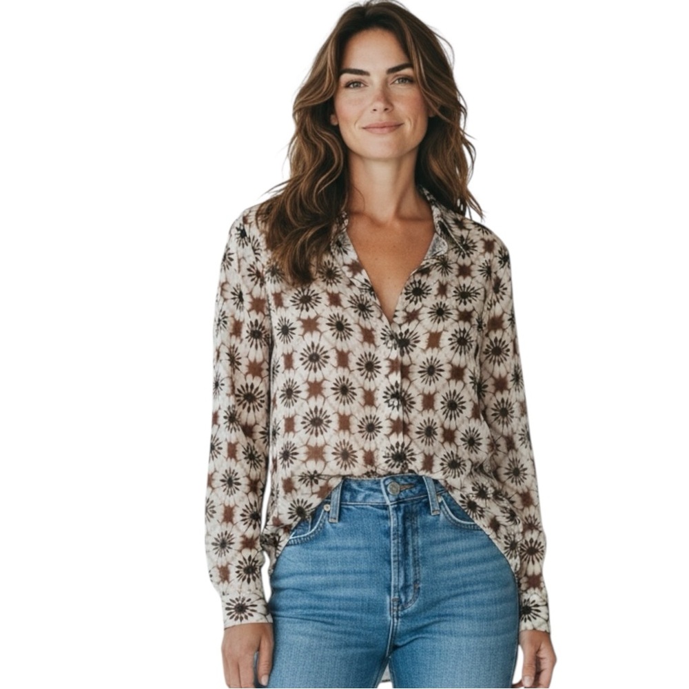 CHARLIE B Long Sleeve Button-Down Navy/Brown Abstract 70’s Blouse P/S